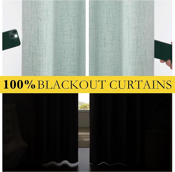 NICETOWN Full Blackout Linen Curtains for Living Room 102" Length with Thermal Insulated Liner, Farmhouse Style Keep Cool & Warm Large Window Drapes for Hall, Villa (2 Panels, 52" Wide, Seafoam Green)