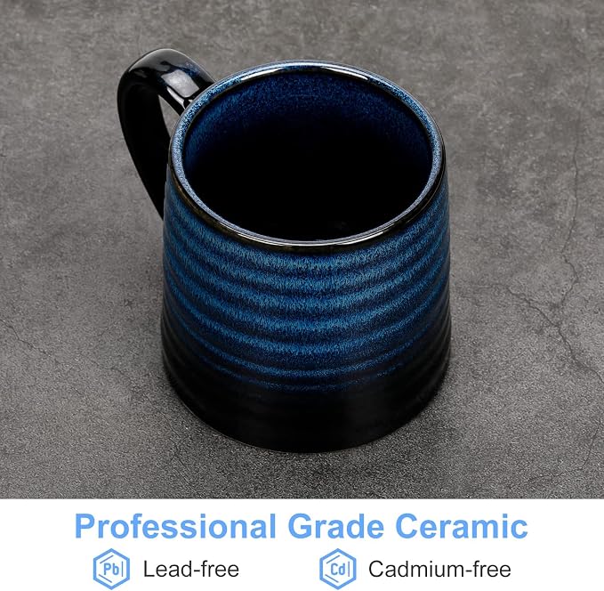 18 Oz Large Ceramic Coffee Mug, 500ml Big Handmade Pottery Tea Cup for Office and Home, Big Handle Easy to Hold, Microwave and Dishwasher Safe, Stylish Texture Glaze (Starry Blue)
