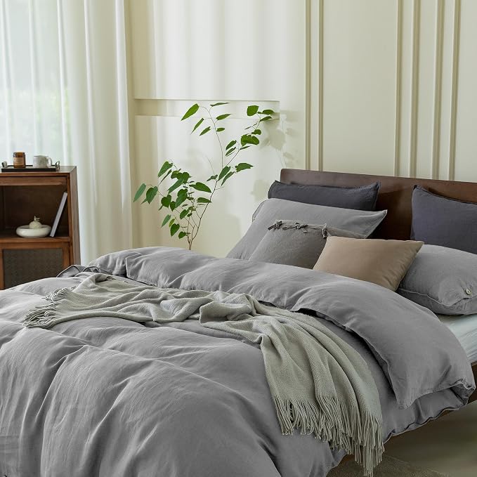 EVERLY 100% Pure Linen Duvet Cover Set Twin Size 68X90Inch 2pcs (1 Duvet Cover,1Pillowcases) Soft and Breathable for All Season with Coconut Button Closure, Suitable for Hot Sleepers-Grey