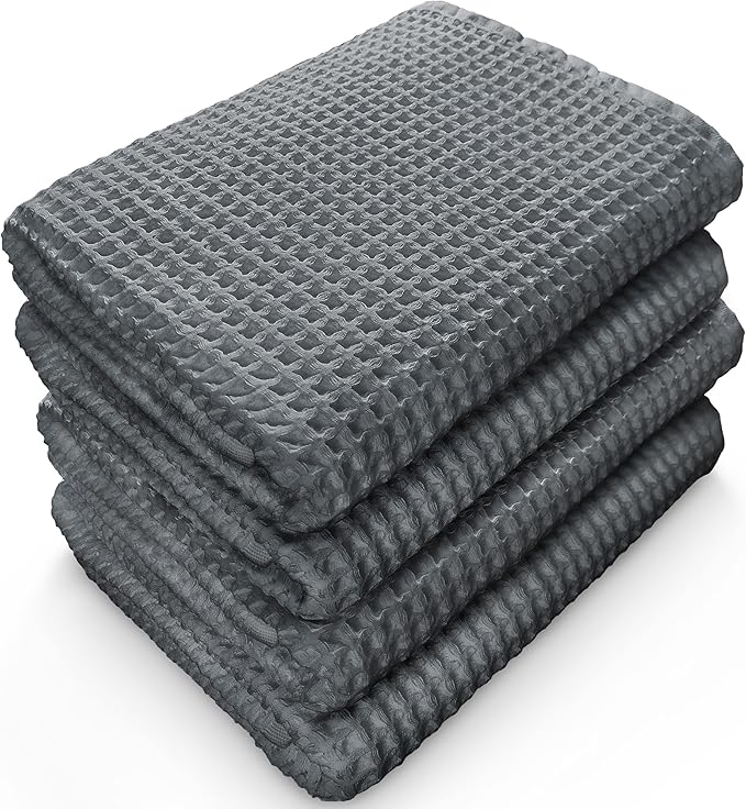 Softerry European Waffle Weave Bath Towel Set - 100% Organic Cotton - Quick Dry Lint Free Thin and Absorbent - Fade Resistant - Eco-Friendly (Set of 4 Bath, Space Gray)