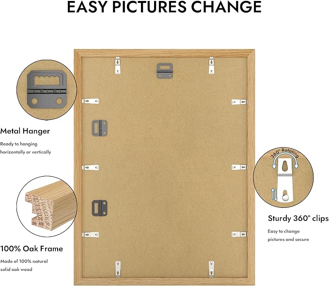 Hongkee 12x16 Oak Wood Picture Frame 1 Pack(Matted 11x14), Real Glass Cover | Natural, 12 x 16 Solid Wood Frame for Wall Mounting - Includes Easel Back, Vertical Hang - Ideal for Home, Office