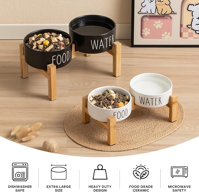 Elevated Ceramic Dog Bowls Set - Food & Water Lettering Raised Dog Bowl with Non-Slip Bamboo Stand for Cats and Small Dogs, Weighted Dogs Dishes Pet Bowls (5.1 inch, 2 * 16oz, White)