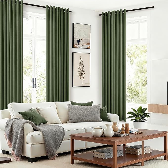 Dark Olive Green Curtains 84 Inch Length 2 Panels Set Linen Flax Semi Sheer Light Filtering Privacy Bronze Grommet Elegant Boho Drapes Living Room Bedroom Curtains 84 Inches Long Moss Green