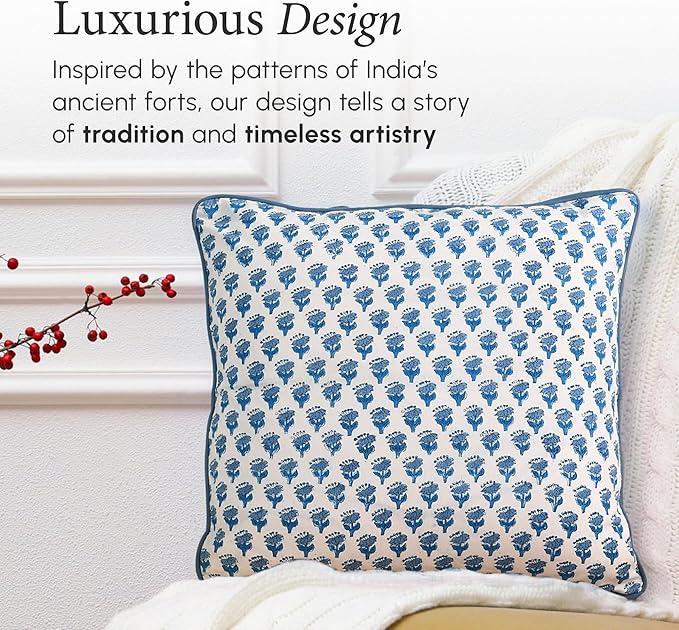 CPC 100% Cotton Throw Pillow Covers 20x20 Inch, Set of 2 Blue Block Print Pattern Couch Pillow, Cute Boho Decorative Pillows for Living Room, Bedroom with Hidden Zipper- Apatite Blue