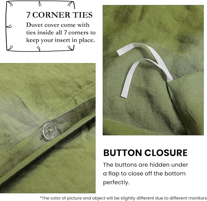 Simple&Opulence 100% French Flax Linen Duvet Cover Set with Embroidery Washed - 3 Pieces (1 Duvet Cover with 2 Pillow Shams) with Button Closure Soft Breathable Farmhouse - Olive, King Size