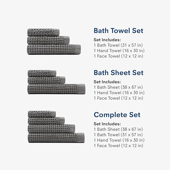 ONSEN Supima® Waffle Bath Towel Set, Quick Dry Lint Free 100% USA Cotton, Bath Hand and Face Towel Bundle, 3 Piece (Denim Blue, Bath Towel Set)