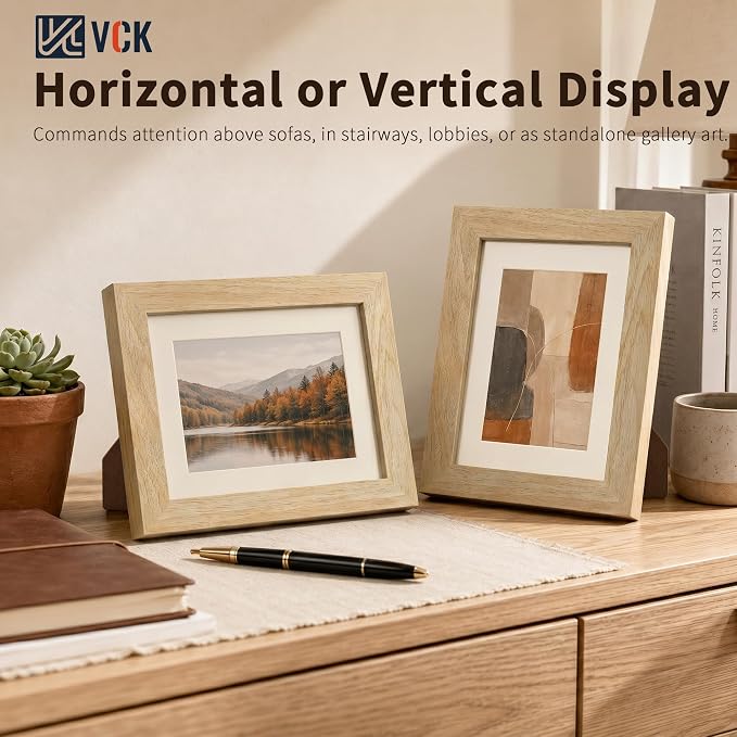 VCK 5x7 Picture Frames Natural - 3 Pack, Wide Border Solid Wood, Tempered Glass, Display 4x6 Photo with Mat or 5 x 7 Without, for Home, Office, Gallery, Woodgrain Series, Tabletop & Wall Hanging