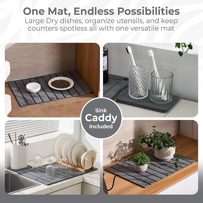 Large Stone Dish Drying Mat for Kitchen Counter,Natural Quick Dry Stone Dishes Mats,Foldable Water Absorbing Diatomaceous Earth Drying Organizer Pad for Kitchen Utensils(Dark Gray 24"×16" & 8"x4")