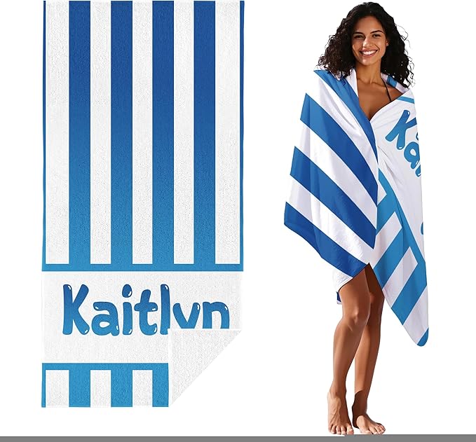 JML Personalized Beach Towel with Name, Custom Cabana Stripe Beach Towel, Customized Microfiber Pool Towel, Quick Dry & Absorbent Swim Towel for Adult,Mother's Day, Birthday, Summer Holiday,Vacation