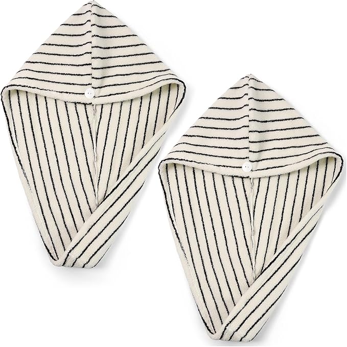 Jacquotha 2 Pack Cotton Hair Wrap Towels for Women (Black & White Striped) - Super Absorbent & Quick Dry Hair Turbans for Wet Curly Long Hair, 25” x 9.5”