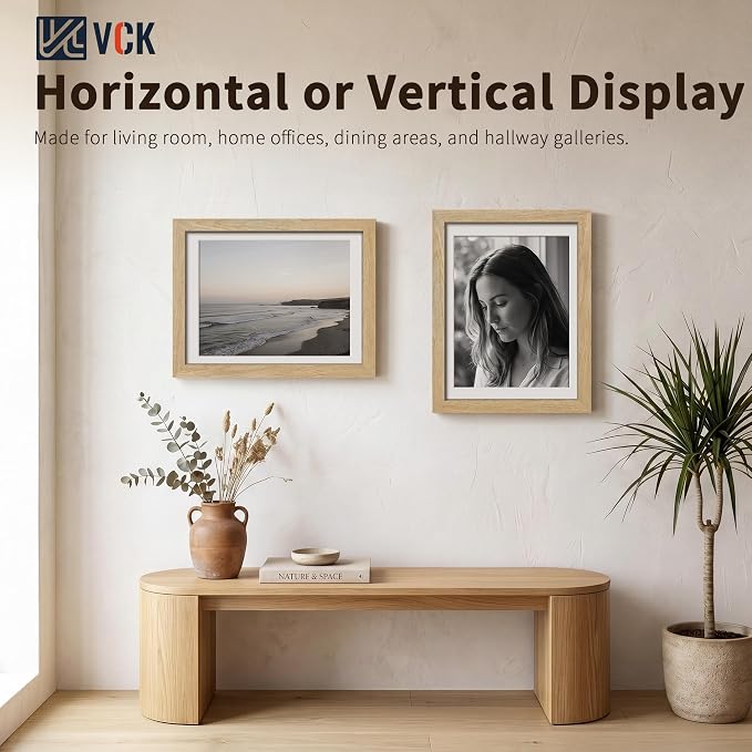 VCK 12x16 Picture Frames Natural - 3 Pack, Wide Border Solid Wood, Tempered Glass, Display 11x14 Photo with Mat or 12 x 16 Without, for Home, Office, Gallery, Woodgrain Series, Wall Hanging