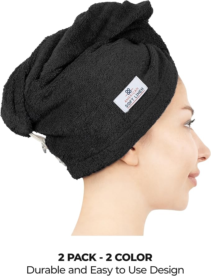 American Soft Linen 100% Cotton Hair Towels for Women, Head Towel Cap, Cotton Hair Turban Towel Wrap for Long Curly Anti Frizz Hair, Soft and Absorbent Cotton Hair Towels 2 Pack, Purple-Black