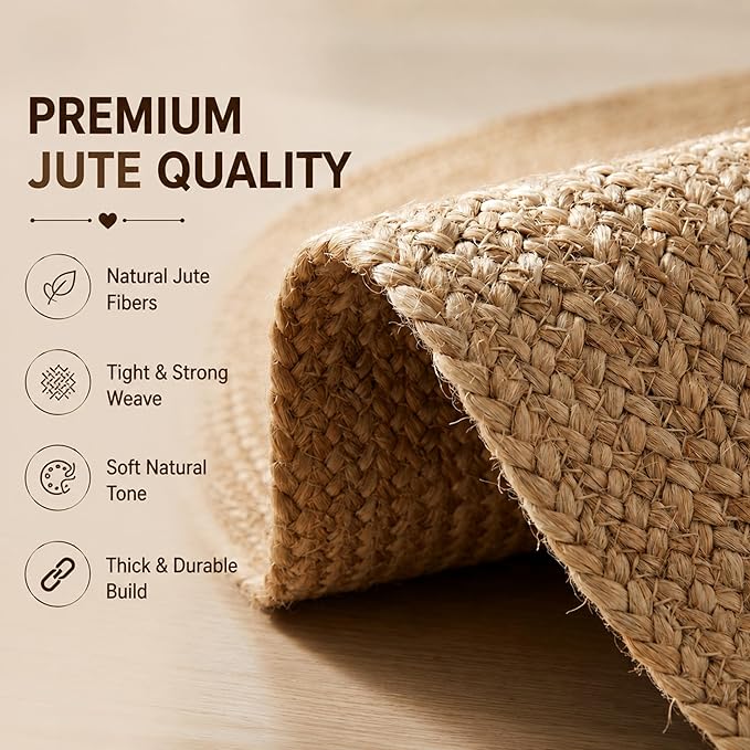 THE BEER VALLEY Jute Braided Area Rug 4 Feet Round - Natural | Reversible Handwoven Farmhouse Circle Rugs for Living Room, Bedroom, Nursery, Kitchen - Rustic Floor Mat for Porch Décor