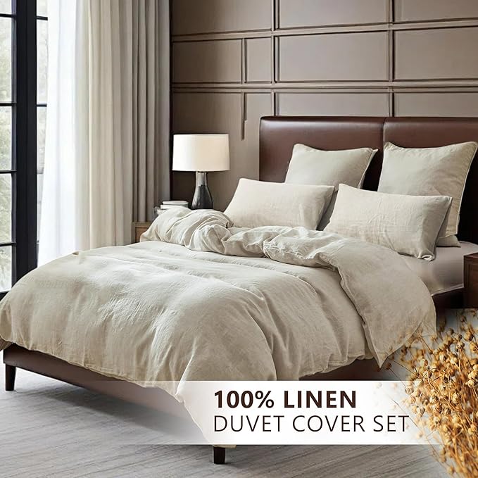 100% Linen Duvet Cover Set, 3 PCS Natural French Flax Linen Duvet Cover Queen Size, Breathable Soft Comfy Linen Bedding Comforter Cover with 2 Pillowcases(Linen, 88" x 92")