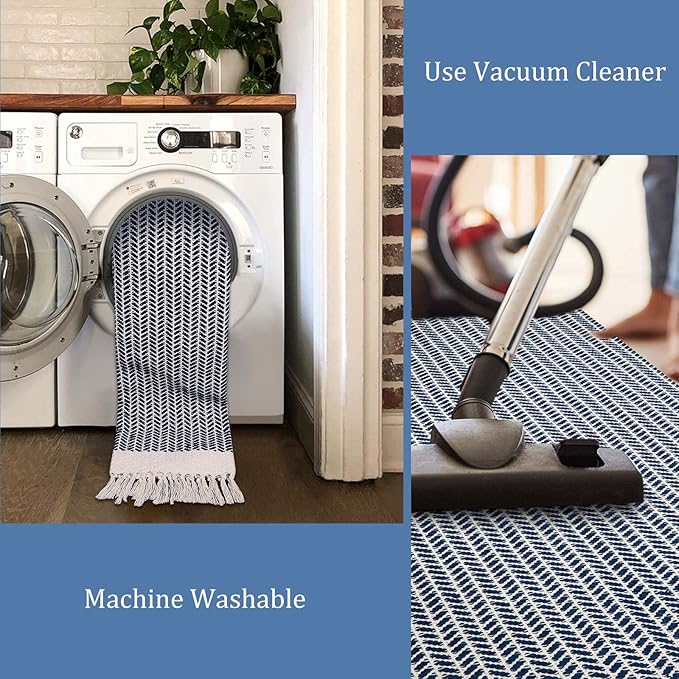 Lahome Belle Boho Bedroom Rug, 3x5 Kichen Rugs for Entryway Living Room Woven Washable Carpet with Tassels, Farmhouse Lightweight Navy Blue Non Shedding Floor Carpet for Bedroom Laundry