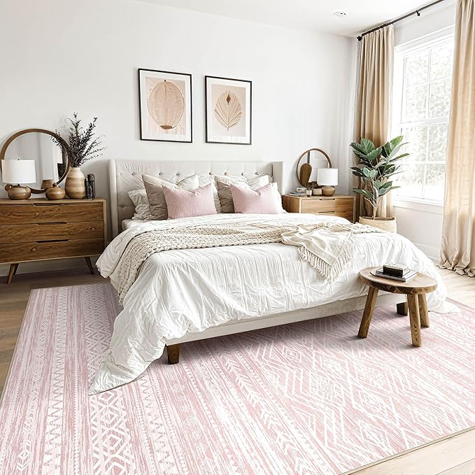 Tortania Area Rug Living Room Rugs- 6x9 Washable Large Soft Neutral Boho Moroccan Bohemian Farmhouse Rug Indoor Floor Carpet for Bedroom Under Dining Table Home Office Decor - Pink