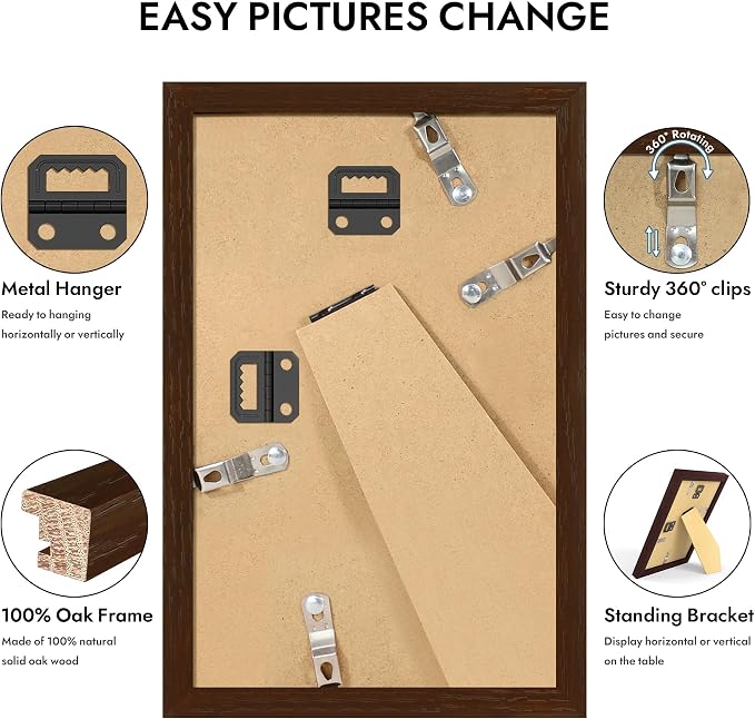 Hongkee 5x8 Oak Wood Picture Frame (1 Pack, Walnut) with Real Glass Cover | 5 x 8 Solid Wood Frame for Wall or Tabletop Display - Includes Easel Back, Vertical Hang - Ideal for Home, Office