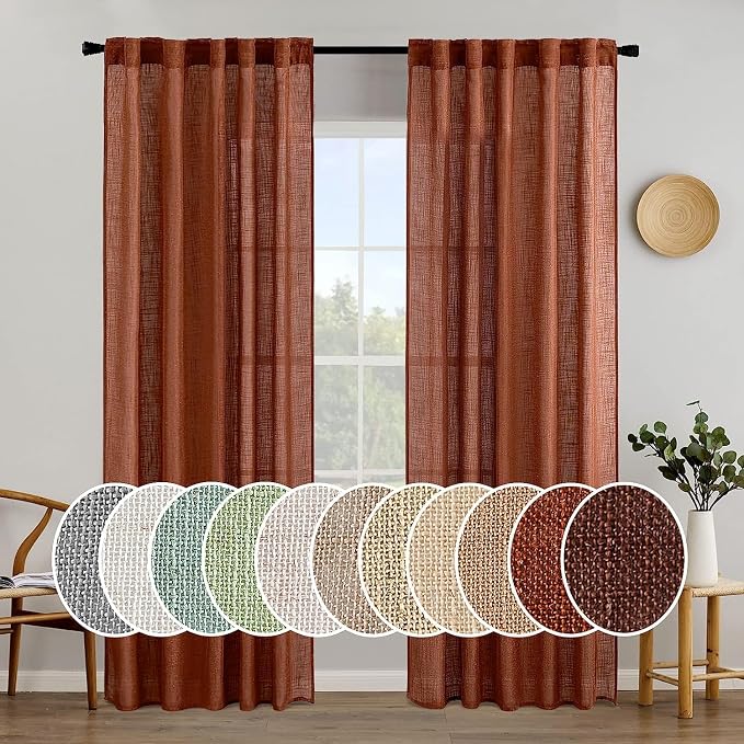 MIULEE Burnt Orange Linen Curtains 84 Inch Length 2 Panels for Bedroom Living Room, Soft Thick Linen Textured Window Drapes Semi Sheer Light Filtering Back Tab Rod Pocket Burlap Look Fall Decorations