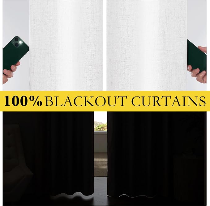 NICETOWN Full Blackout Back Tab Linen Curtains 84" Long 2 Panels Set, Boho-Chic Thick Linen Blend Drapes, Insulated Window Covers with Gray Backing for Bedroom, Living Room (Greyish White, 42" Wide)