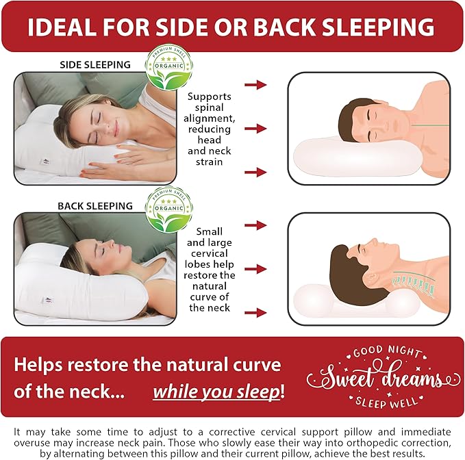 Core Products Tri-Core Natural Cervical Support Pillow for Neck Pain Organic Cotton Shell, Midsize, Gentle