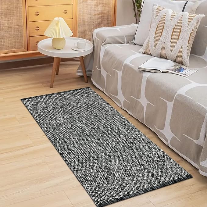 LEEVAN Washable Kitchen Rugs 2' x 4.3', Black Boho Bathroom Rugs Cotton Reversible Runner Rug, Farmhouse Entryway Rug Modern Bedroom Carpet for Foyer Laundry Proch Decor