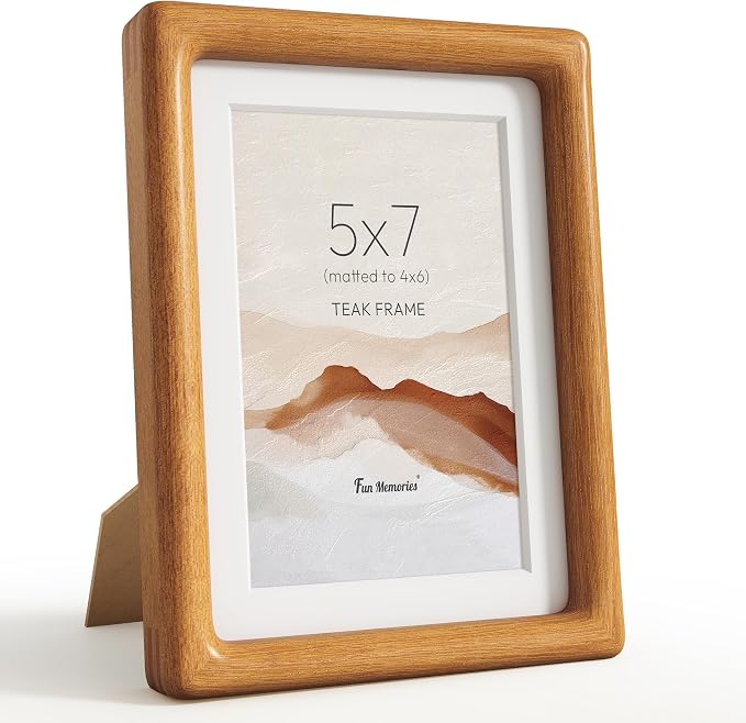 5x7 Picture Frame, USA-Sourced Teak Wood Photo Frames with HD Tempered Glass, Display Photo 4x6 with Mat or 5x7 Without Mat, 5 x 7 Frame for Tabletop or Wall Display, Teak Color, 1 Pack
