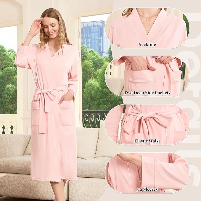 HEARTNICE Womens 100% Cotton Robe, Soft Kimono Spa Long Bathrobe Lightweight Loungewear