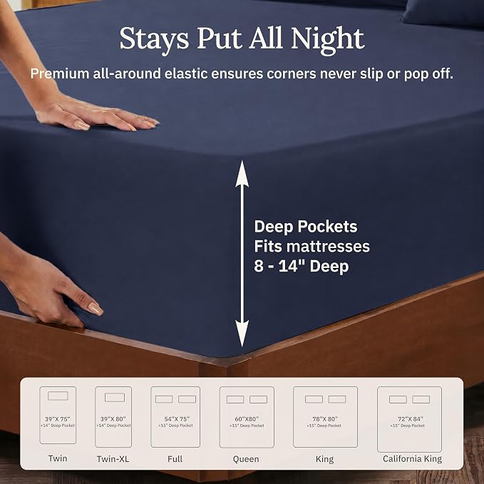 California Design Den Twin XL Sheets Set - 100% Organic Cotton, Soft and Lightweight Sateen, Deep Pockets, Durable Bedding - Navy