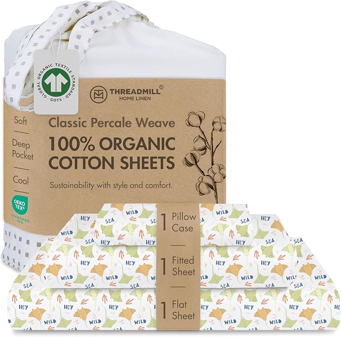 Threadmill Organic Cotton Twin XL Sheets | 100% Cotton Sheets for Twin XL Size Bed | Printed Percale Twin XL Sheets Set with 15” Deep Pocket | Soft Breathable 3-Piece Cooling Sheet Set | Rays Yellow