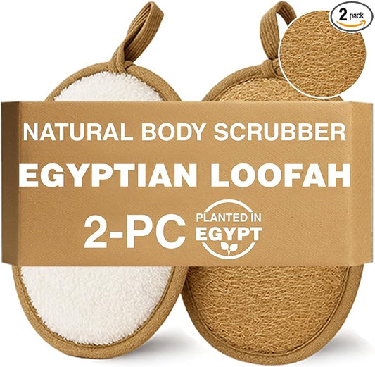 Natural Egyptian Loofah Body Scrubber (Pack of 2) – Dual-Sided Bath Sponge with Terry Cloth, Gentle Exfoliating Shower Loofah for Women & Men, Soft Body Wash Pad for Smooth Skin