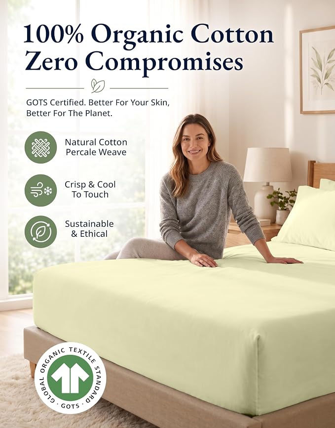 LANE LINEN Twin Fitted Sheets, 100% Organic Cotton 2-Piece Set (1 Fitted Sheet, 1 Pillowcase), Percale Weave, Bottom Sheet, Soft, Breathable, Fits Mattress Upto 15' Deep - Vanilla (No Flat Sheet)