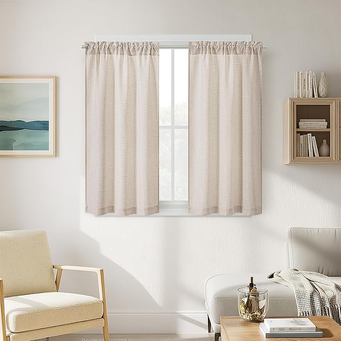 48 Inch Linen Small Window Curtains 2 Panels for Bedroom Bathroom Rod Pocket Privacy Semi Sheer Light Filtering Window Treatments Light Coffee Tan Beige Farmhouse Rustic Door Curtain W34xL48
