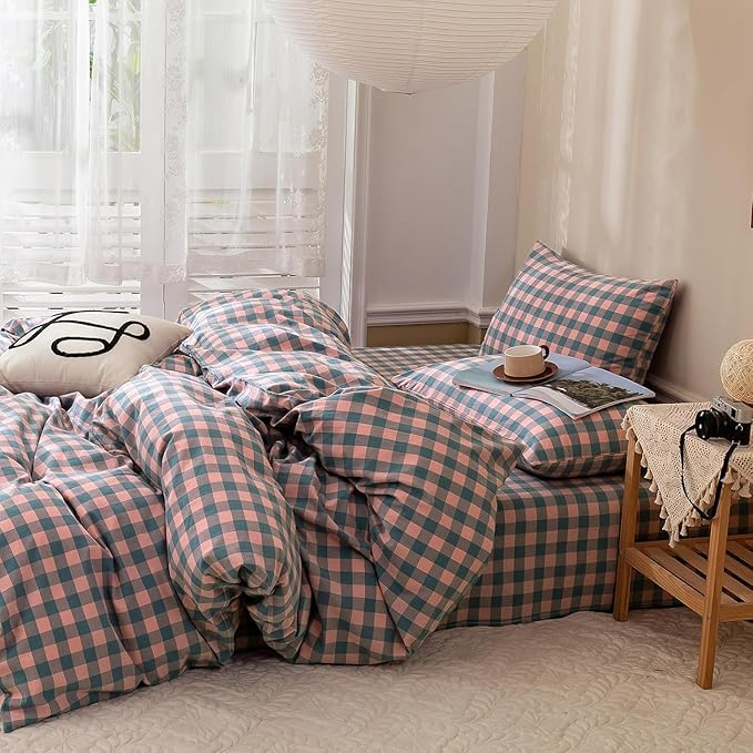 mixinni Plaid Duvet Cover Set Twin Purple - Soft Washed Cotton Modern Geometric Bedding Set with 2 Pillowcases, Pink Blue Gingham Grid Twin Duvet Cover for Men & Women, Soft & Lightweight