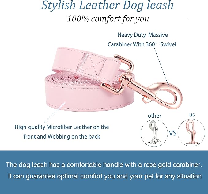Dog Collar and Leash Set.Soft and Easy to Clean Vegan Leather with Rose Gold Metal Buckle for Small Medium Large Dogs (Pink, S(12.2"-16.9"))