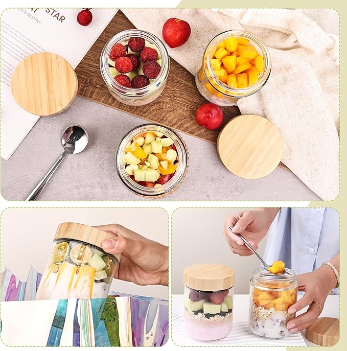 6-Pack 16oz Glass Storage Jars with Bamboo Lids – Airtight Wide Mouth Containers for Overnight Oats, Yogurt, Salad, Snacks & Pantry Storage-Reusable Glass Food Storage Containers