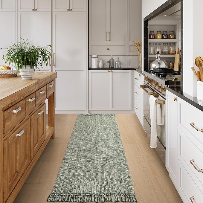 Collive Long Hallway Runner Rug 2.6' x 7', Washable Runner Indoor Entryway Rug, Olive Green/Cream Braided Woven Kitchen Runner Rugs Low-Profile Front Door Floor Carpet for Bedroom Doorway
