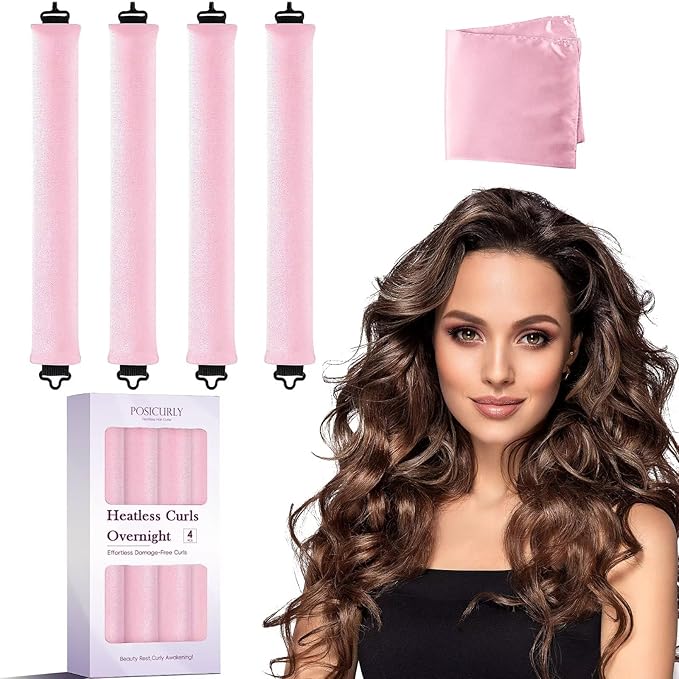 Heatless Curls Overnight Hair Curlers - 4 Pcs No-Heat Curling Rod to Sleep In,Velvet Hair Rollers with Satin Wrap