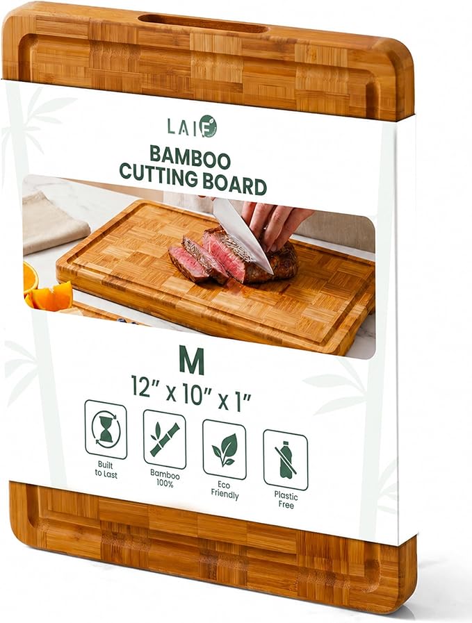 LAIFsolutions Wood Cutting Boards for Kitchen with Juice Groove, Eco-Friendly Wooden Bamboo Chopping board, Food-Safe, Non Plastic Tabla Para, Carbonized Butcher Block for Meat, Veggies Fruits, Medium