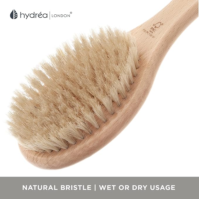 Hydrea London Body Brush Long Handled Exfoliating Back Scrubber, Natural Bristle, Dry Brush Cellulite Remover, Exfoliating Body Scrubber, Helps Improve Lymphatic Drainage - FSC® Certified Beechwood.