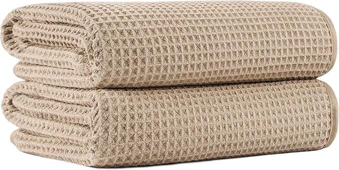 MICROFI New Microfiber Waffle Bath Towels, 2 Pieces, Oversized, Soft, Absorbent, Fast Drying, Lint Free 430 GSM (Beige)
