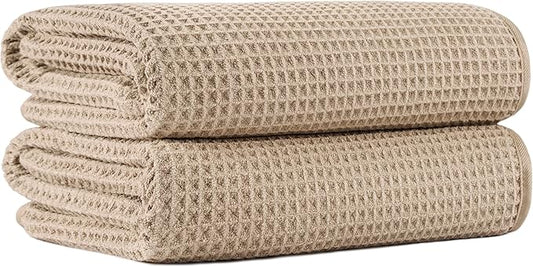 MICROFI New Microfiber Waffle Bath Towels, 2 Pieces, Oversized, Soft, Absorbent, Fast Drying, Lint Free 430 GSM (Beige)