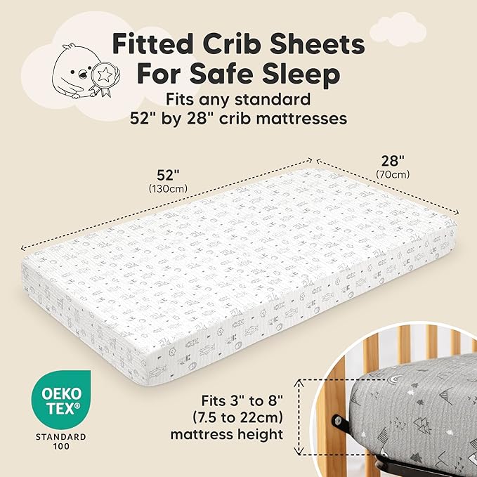 KeaBabies 2-Pack Muslin Crib Sheets for Boys, Girls - 100% Organic Cotton Fitted Baby Crib Mattress Sheet, Soft Breathable Standard Toddler Bed Cover Bedding Set, Neutral, Durable 52x28 (Woodland)