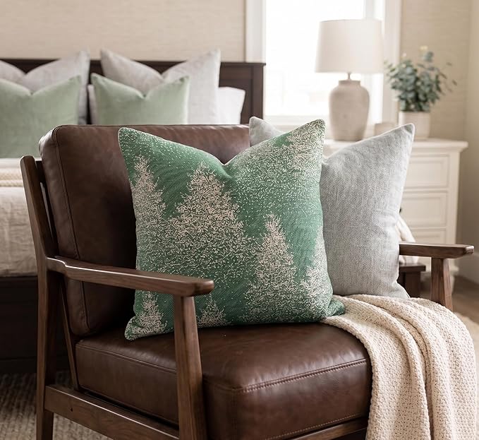 SanVia Cotton Throw Pillow Covers 20x20 – Handwoven Jacquard Texture, Fade-Resistant, No Pilling – Hidden Zipper, Decorative Cushion Cover for Sofa, Couch, Bed – Insert Not Included (Floral, Green)