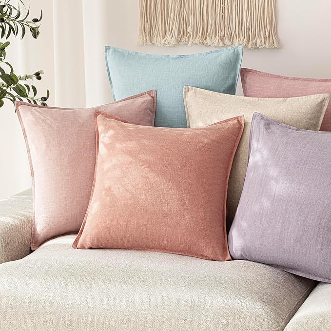 Foindtower Pack of 2, Decorative Linen Soild Throw Pillow Covers Soft Accent Euro Cushion Case Boho Farmhouse Pillowcase for Chair Couch Sofa Bedroom Living Room Home Decor 26 x 26 Inch Coral Pink