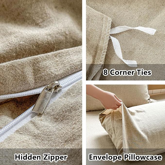 100% French Flax Linen Duvet Cover Set Queen, 3-Piece Soft Breathable Cooling Bedding for Hot Sleepers, Natural Washed Linen with Zipper Closure & 8 Corner Ties (Queen, Natural Linen)