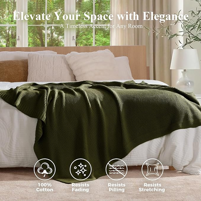 100% Cotton Cable Knit Throw Blanket, Large Lightweight Soft Knit Blanket for Sofa Couch Bed, Breathable All-Season Throw, Cozy Decorative Blanket, 60 x 80 Inch,Olive Green
