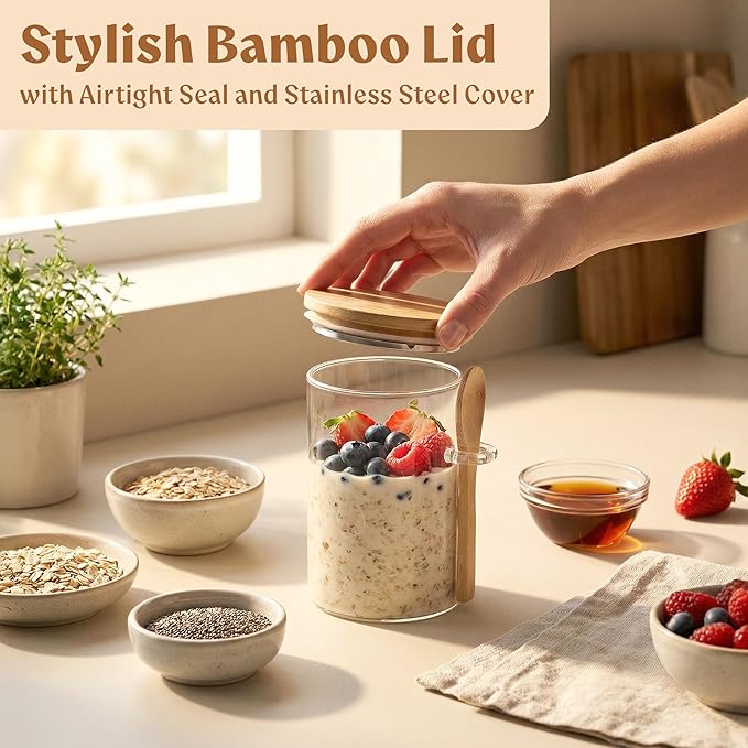 Overnight Oats Containers with Lids, Labels & Spoons (4 x 16oz) Glass Jars for Oatmeal, Meal Prep, Food Storage | Leak-Proof Mason Jars for Oats, Cereal, Yogurt, Chia Pudding [Thicker Glass 3mm]
