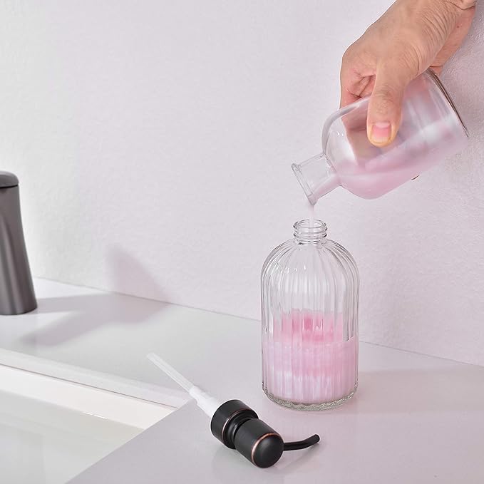 Dish Kitchen Soap Dispenser, Oil Rubbed Bronze Bathroom Liquid Soap Dispensers,with Rustproof Stainless Steel Pump,16 Oz Clear Glass Bottle,2 Packs