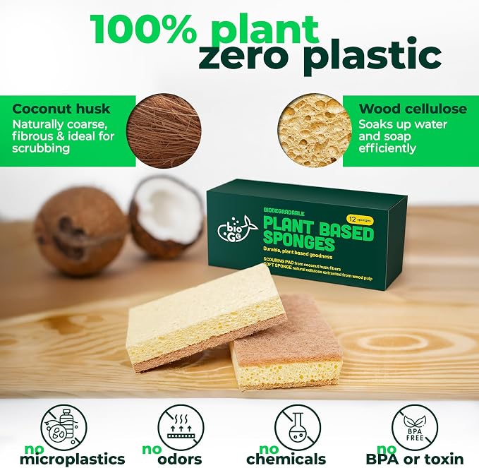 bioGo 12 Pack Natural Biodegradable Kitchen Sponges - Eco-Friendly, Compostable, Cellulose Dish - Compostable - Biodegradable - Cellulose Sponge