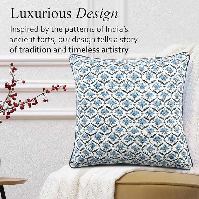 CPC Jeans Blue Block Print Throw Cushion Cover 20 x 20 Inch Set 2 - Decorative Boho Floral Pillow Case for Living Room, Bed, Sofa, Couch, Home Decor Cushion Cover Gift for Spring, Mother's Day